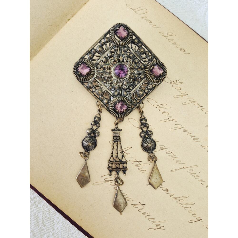 Vintage Victorian Etruscan Purple Crystal Multi Dangle Brooch